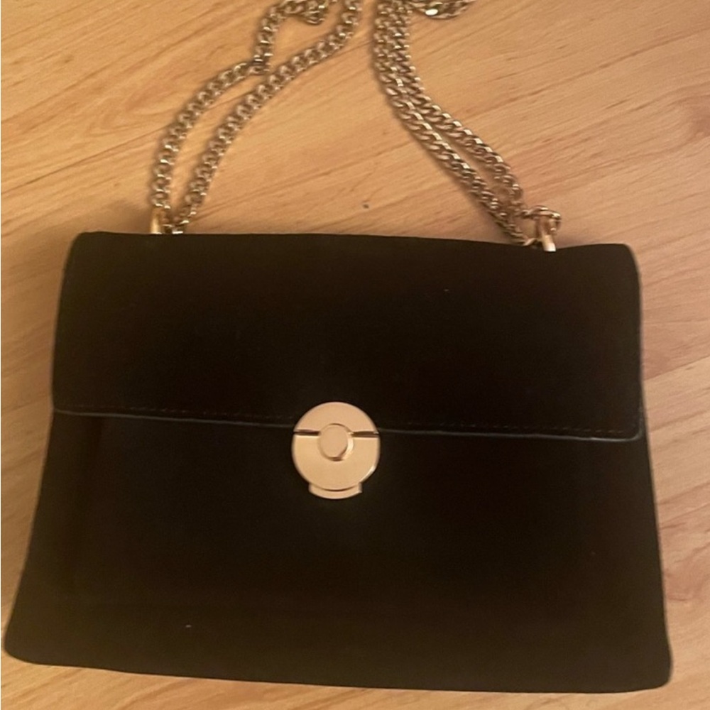 Suede Black Shoulder Bag with Gold Chain